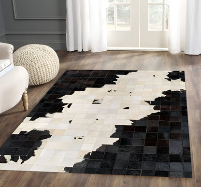 Black and White Natural Cowhide Patchwork Rug, Handmade Cow Skin Non Slip Rug