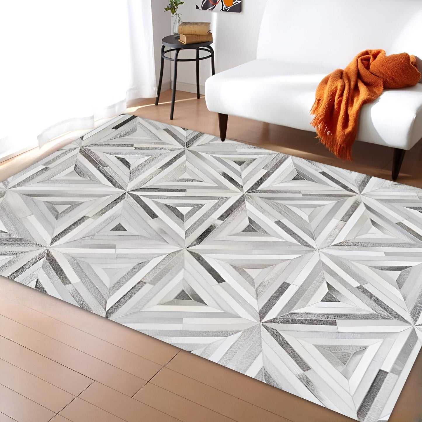 Boho Style Natural Cowhide Patchwork Rug, Handmade Scandinavian Rug for Living Room