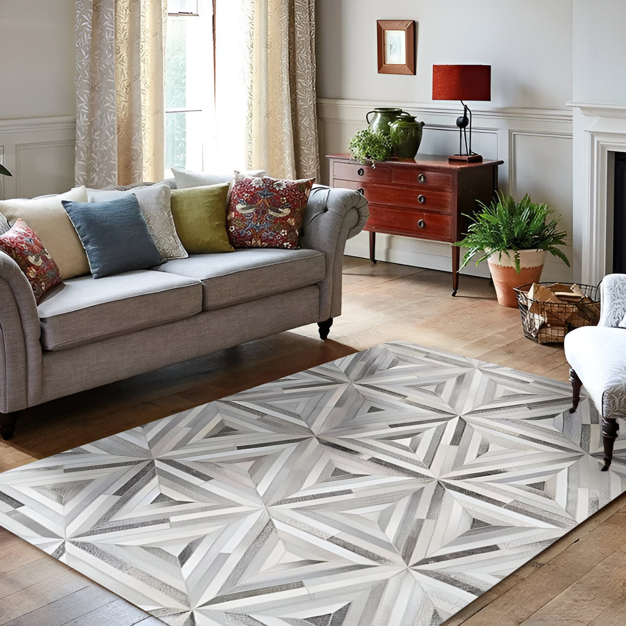 Boho Style Natural Cowhide Patchwork Rug, Handmade Scandinavian Rug for Living Room