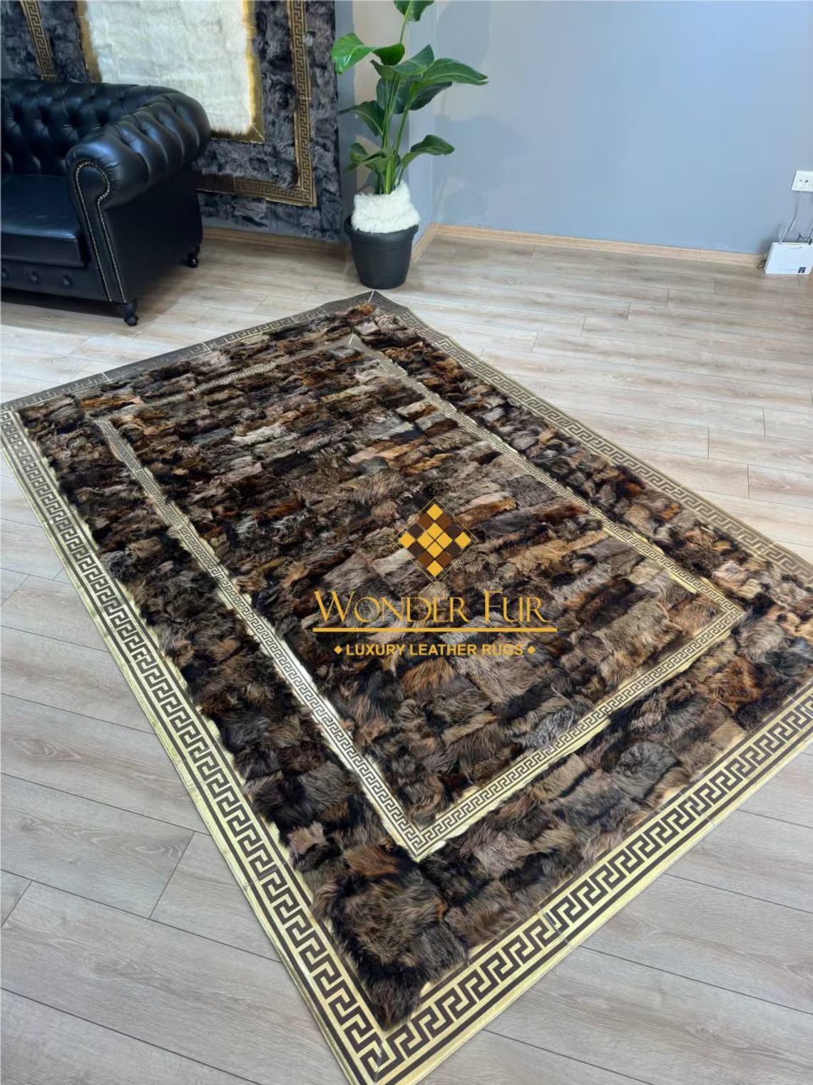 Brown And Gold Genuine Sheepskin Large Living Room Rug , Handmade Rug