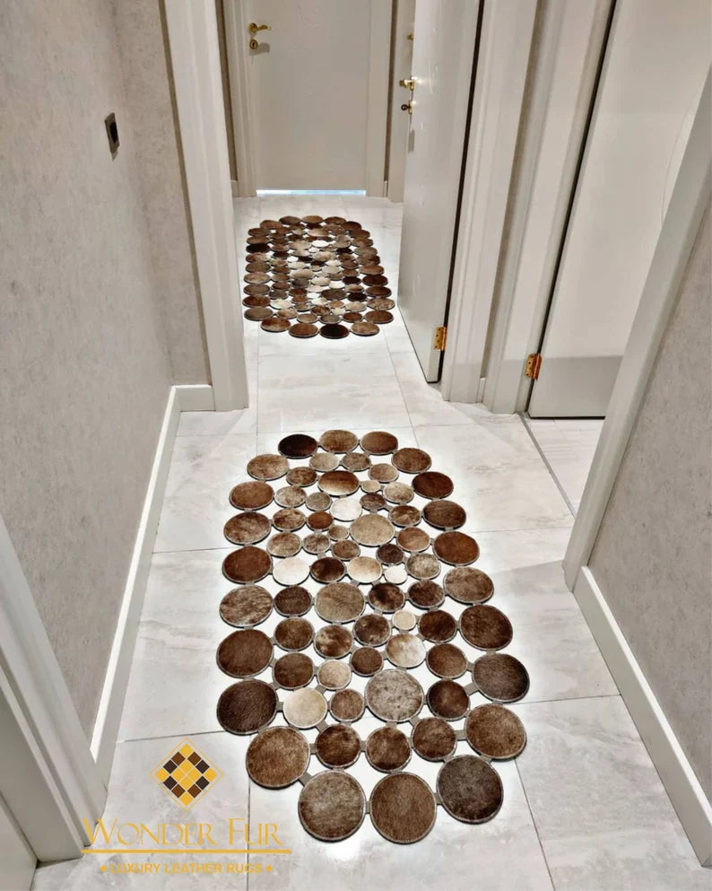 Brown Natural Cowhide Patchwork Rug, Handmade Runner Rug for Hallway