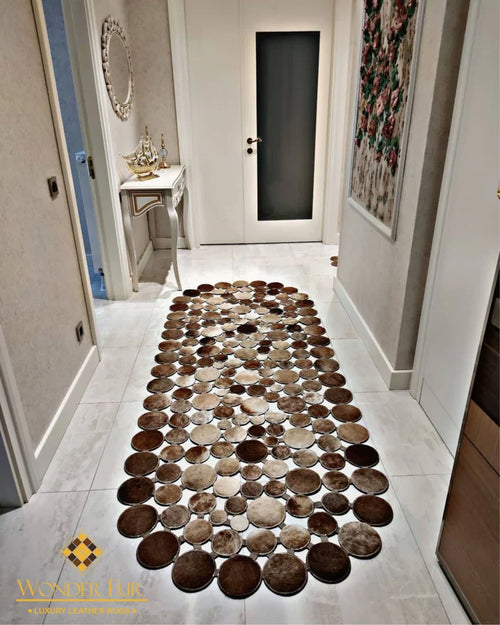 Brown Natural Cowhide Patchwork Rug, Handmade Runner Rug for Hallway