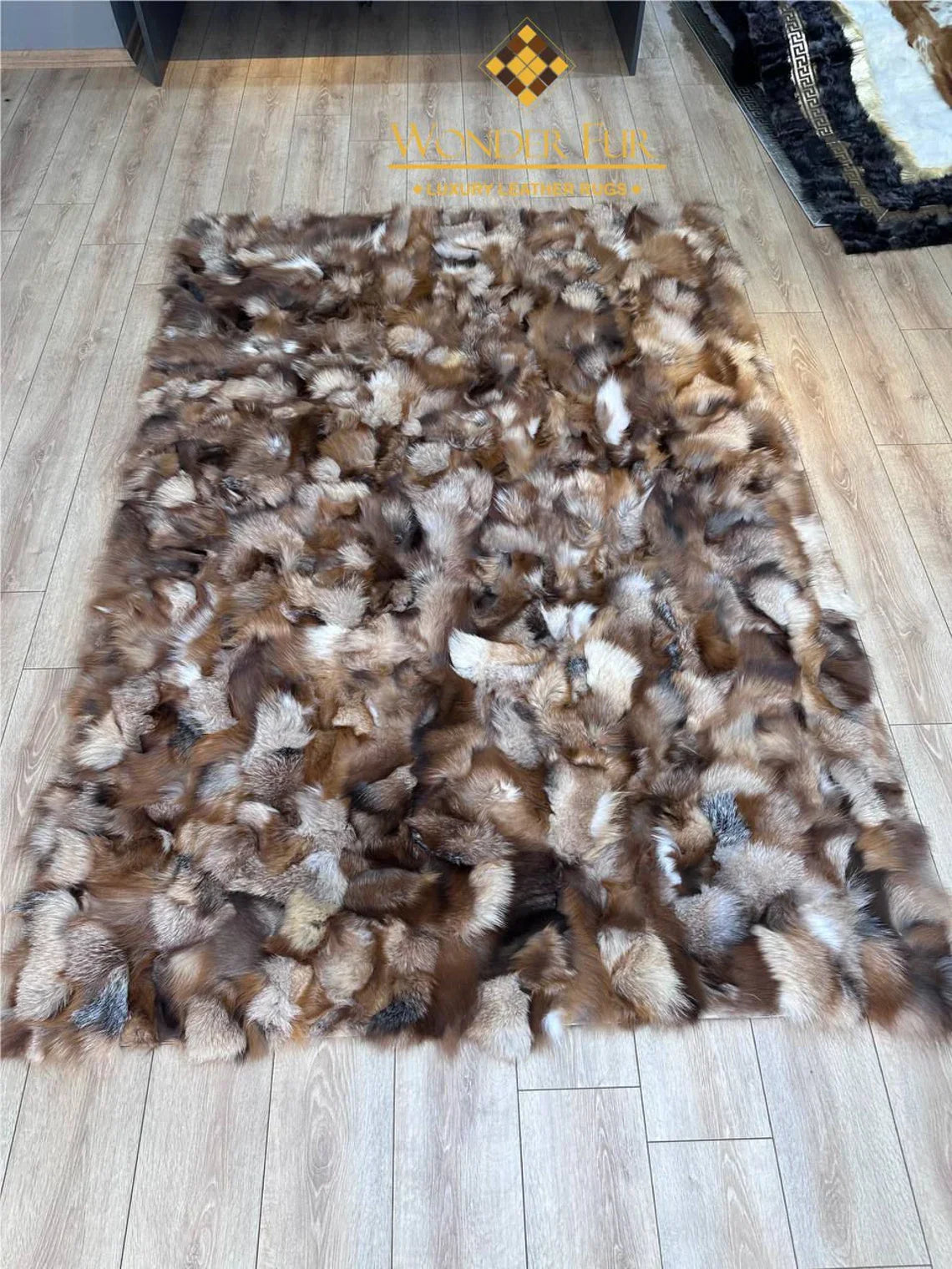 Brown Soft Real Fox Fur Office Rug , Handmade Fluffy Rug