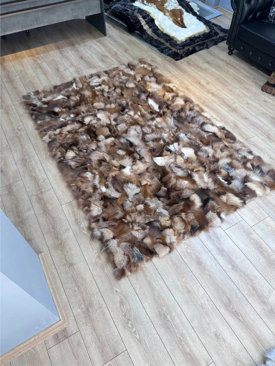 Brown Soft Real Fox Fur Office Rug , Handmade Fluffy Rug