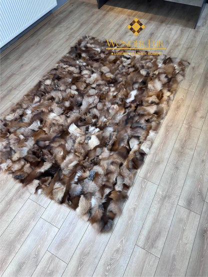 Brown Soft Real Fox Fur Office Rug , Handmade Fluffy Rug