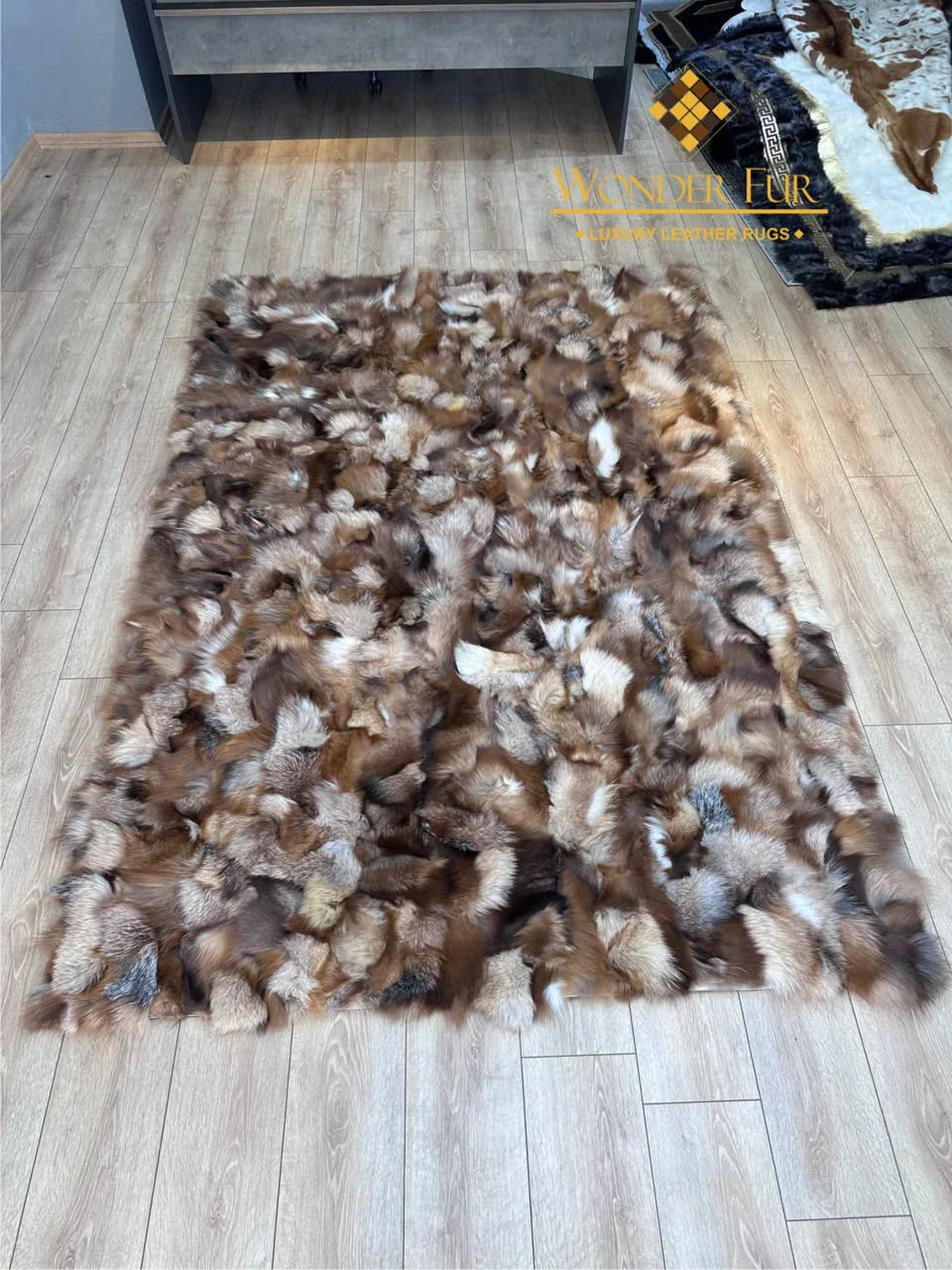 Brown Soft Real Fox Fur Office Rug , Handmade Fluffy RugBrown Soft Real Fox Fur Office Rug , Handmade Fluffy Rug