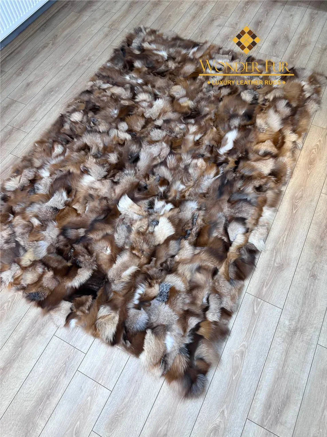 Brown Soft Real Fox Fur Office Rug , Handmade Fluffy Rug