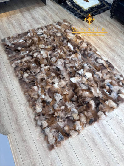 Brown Soft Real Fox Fur Office Rug , Handmade Fluffy Rug