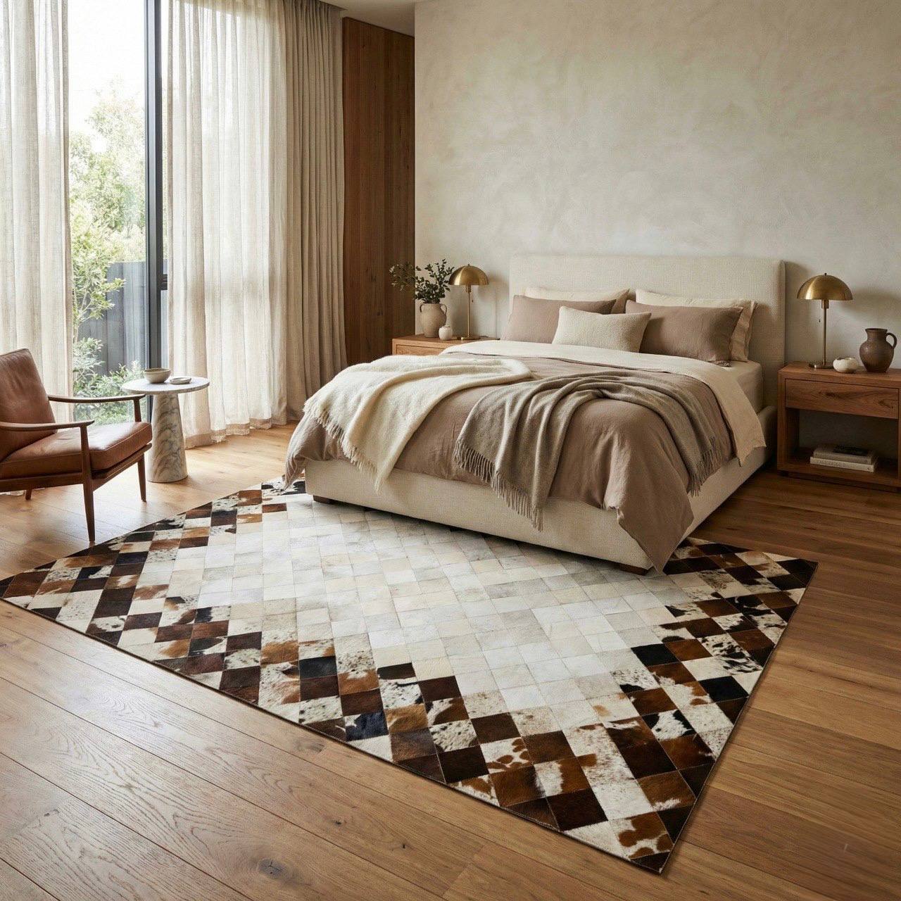 Brown Mixed Color Cowhide Area Rug, Handmade Natural Cowhide Patchwork Rug - WONDERFURRUG