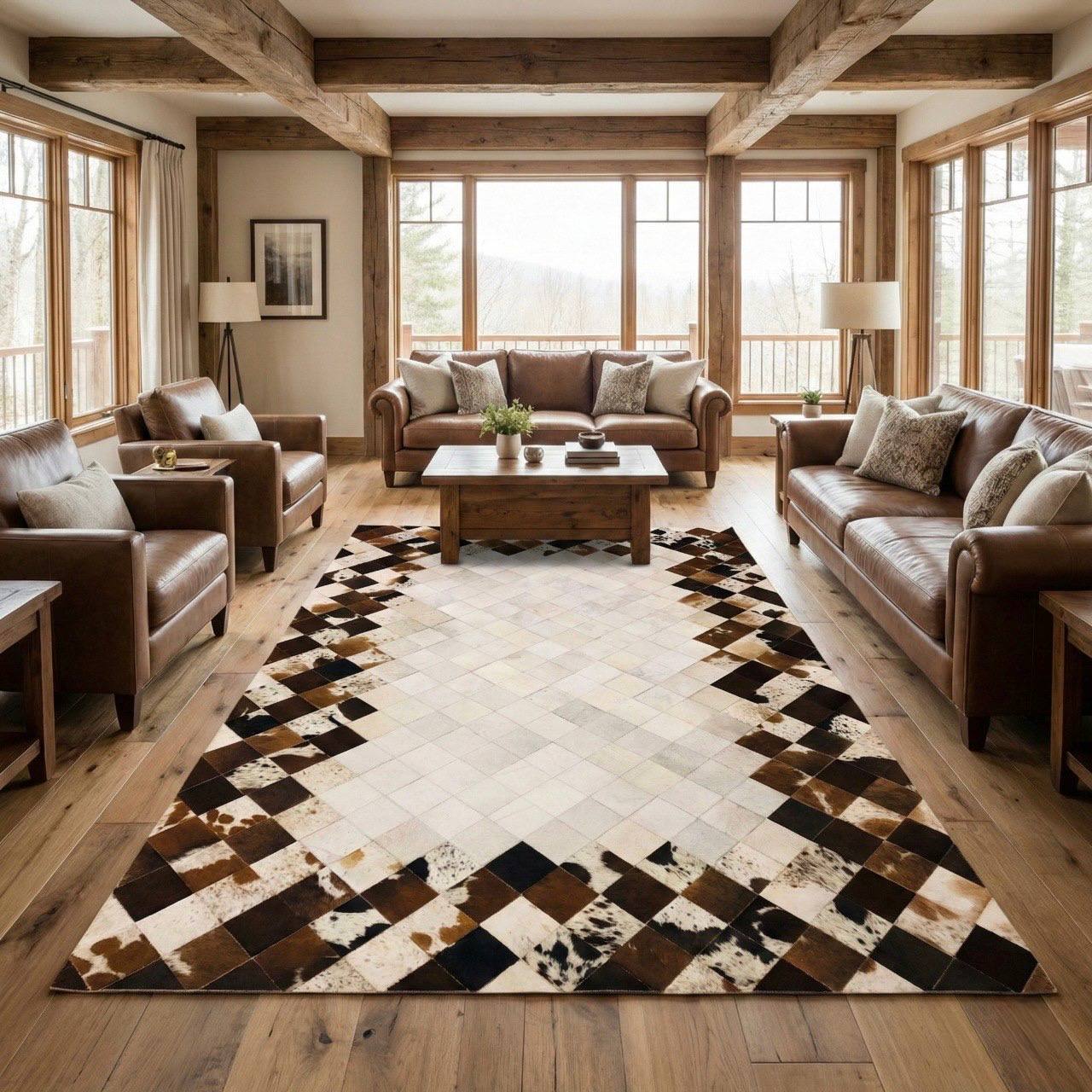 Brown Mixed Color Cowhide Area Rug, Handmade Natural Cowhide Patchwork Rug - WONDERFURRUG