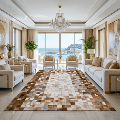Brown Mixed Color and White Cowhide Area Rug, Handmade Cowhide Patchwork Rug, Living Room Carpet - WONDERFURRUG