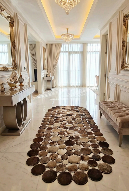 Brown Natural Cowhide Patchwork Rug, Handmade Runner Rug for Hallway