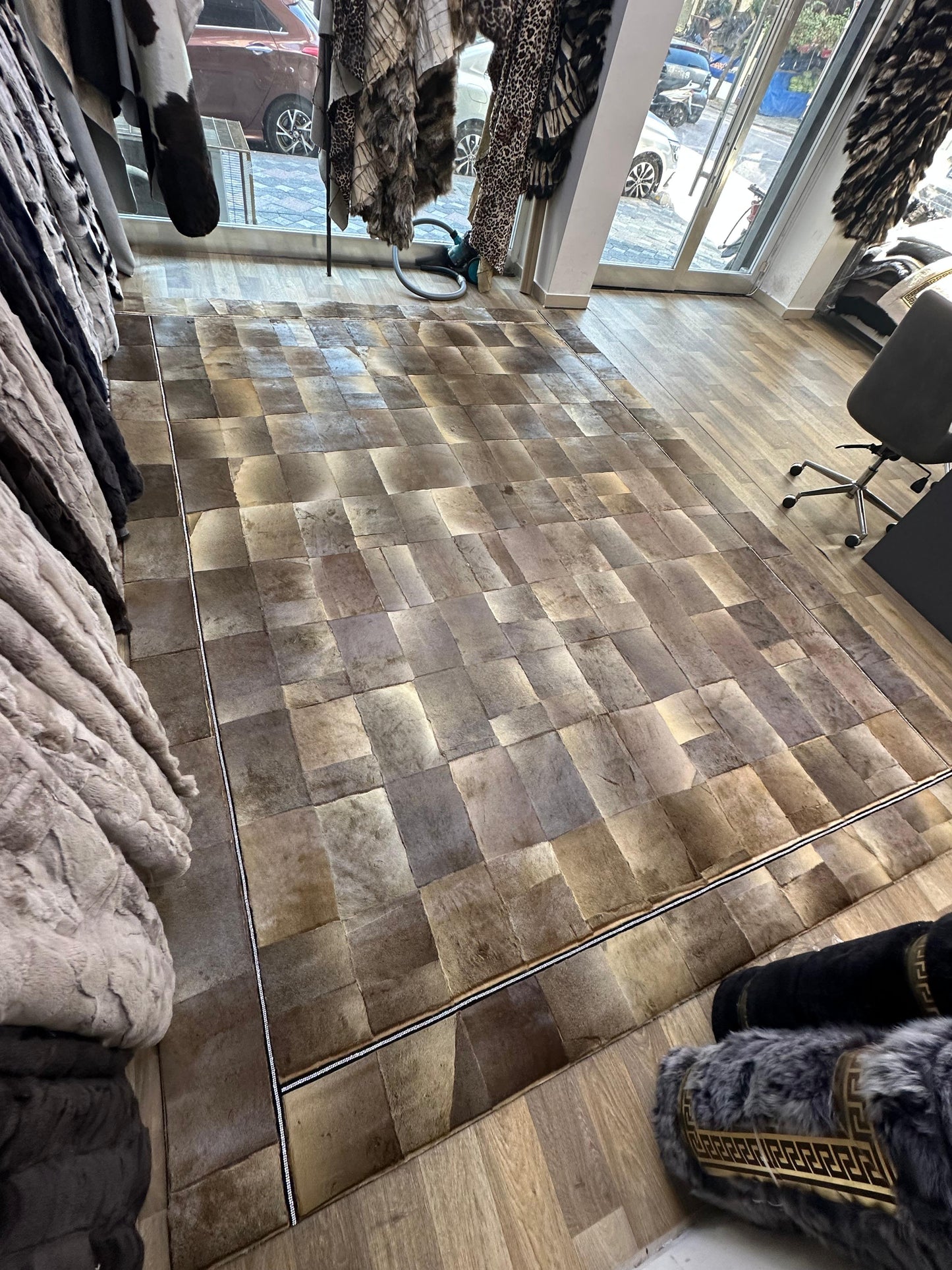 Brown Patchwork Cowhide Rug | Handmade Genuine Leather Carpet with Beige Accents