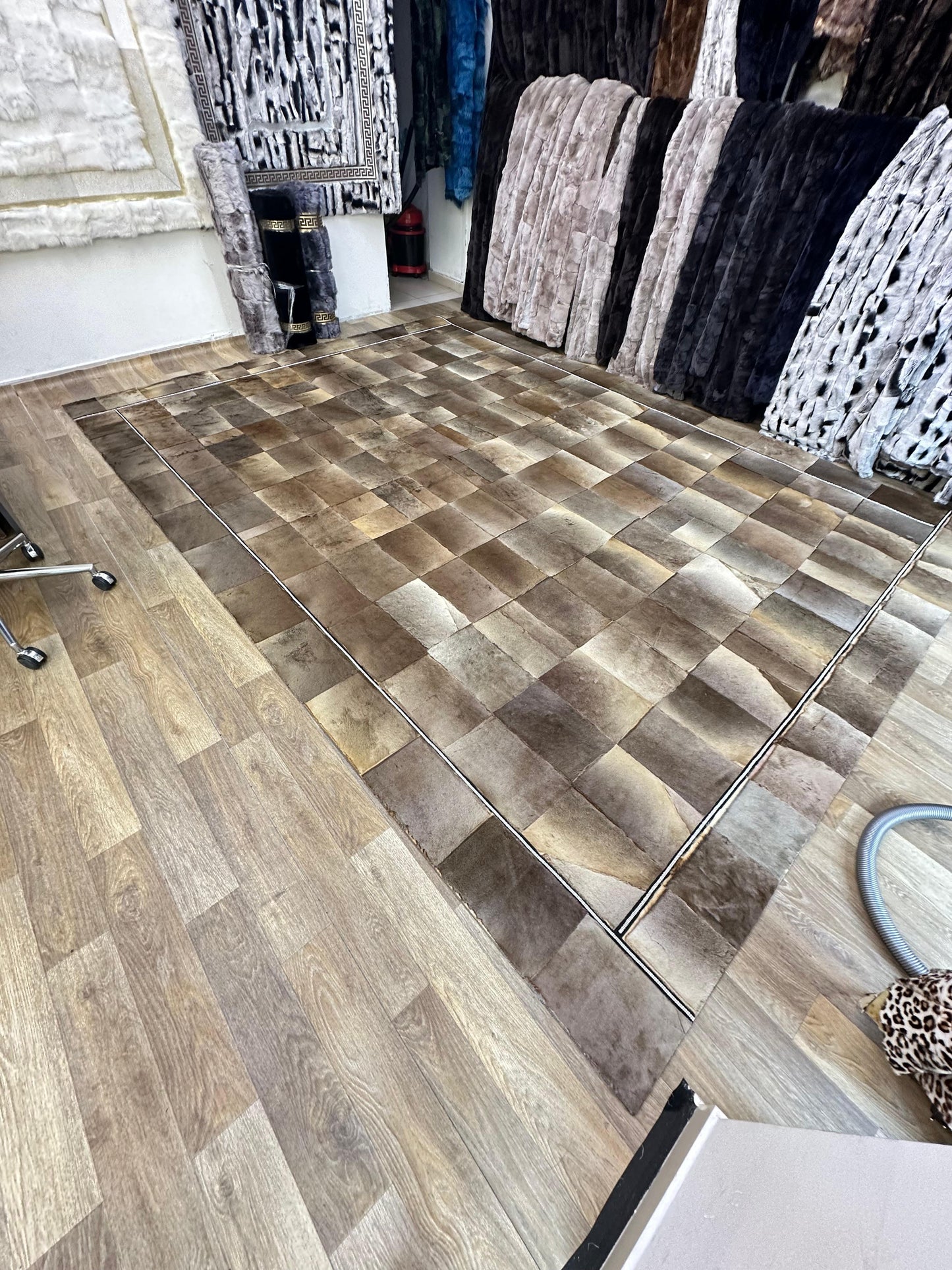 Brown Patchwork Cowhide Rug | Handmade Genuine Leather Carpet with Beige Accents