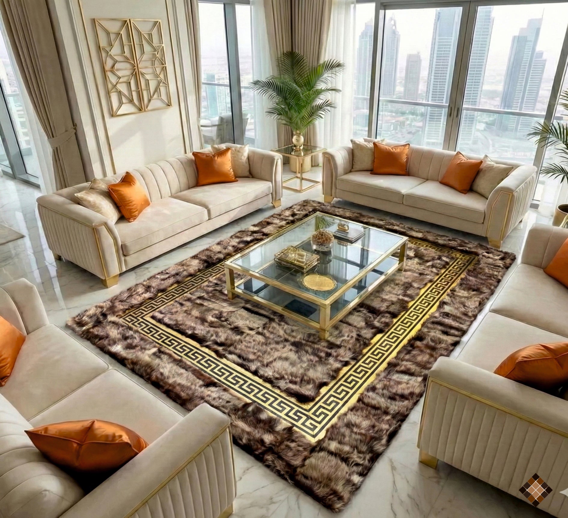 Handmade brown sheepskin area rug with elegant gold Greek key frame. Custom luxury rug that adds warmth, depth, and refined comfort to any space.