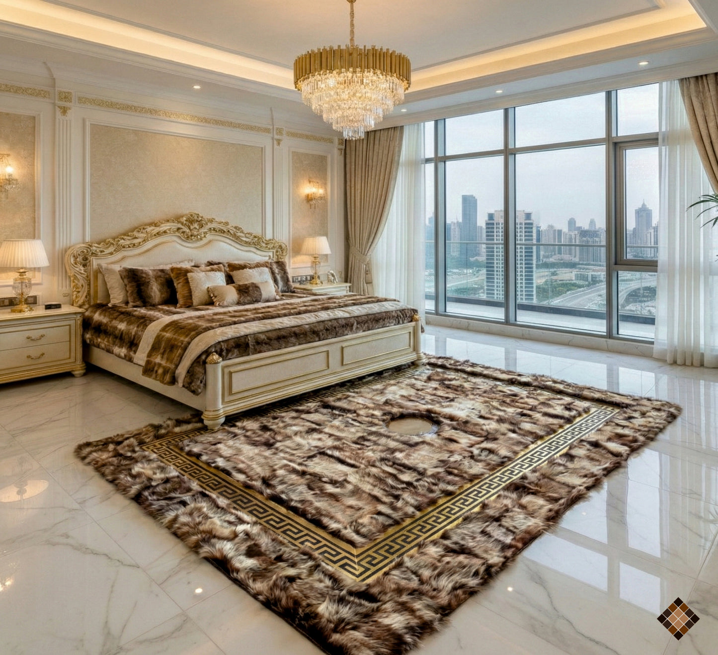 Brown Patchwork Sheepskin Area Rug with Gold Greek Key Frame