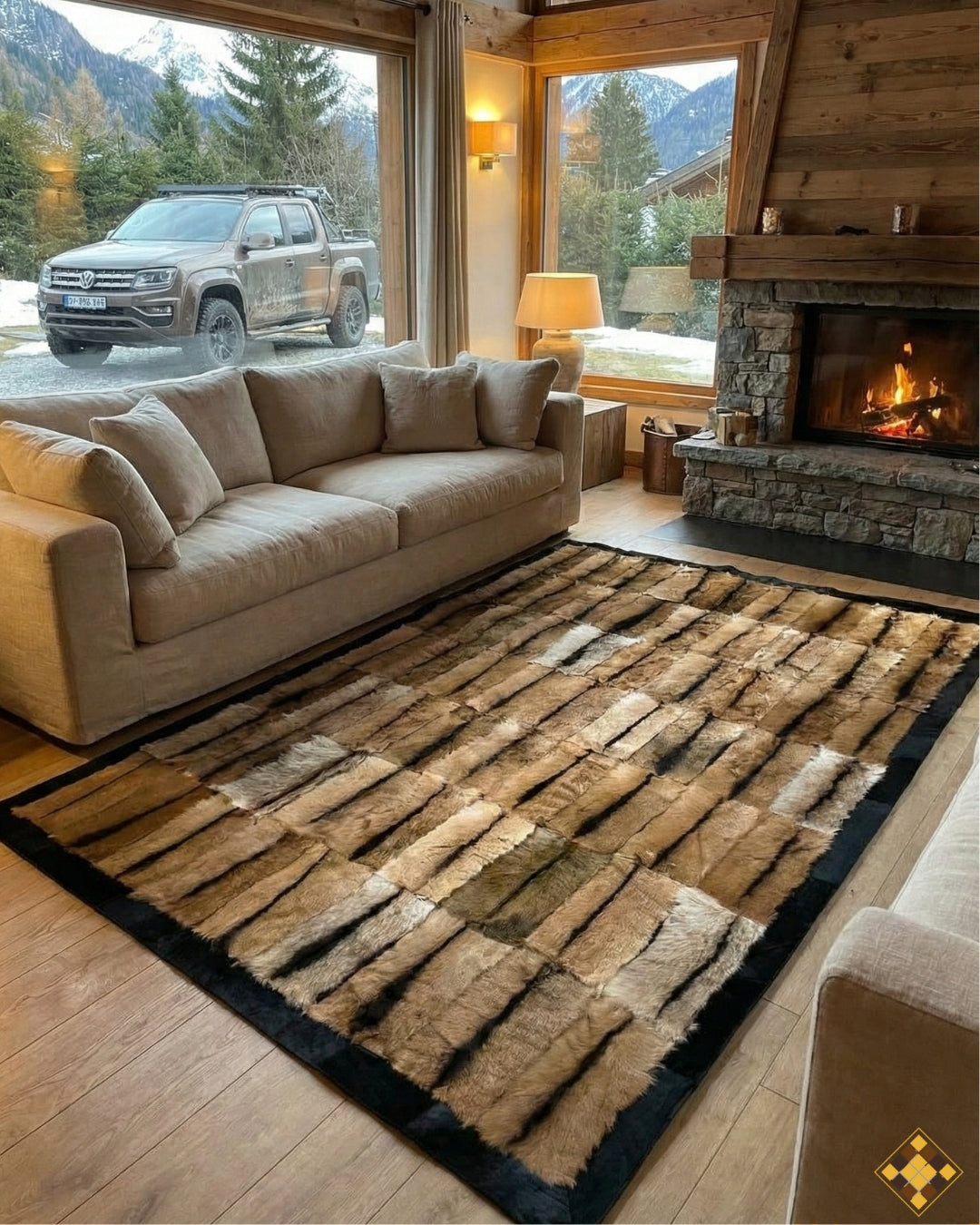 Brown Soft Natural Goatkin Area Rug with Black Border, Handmade Elegance