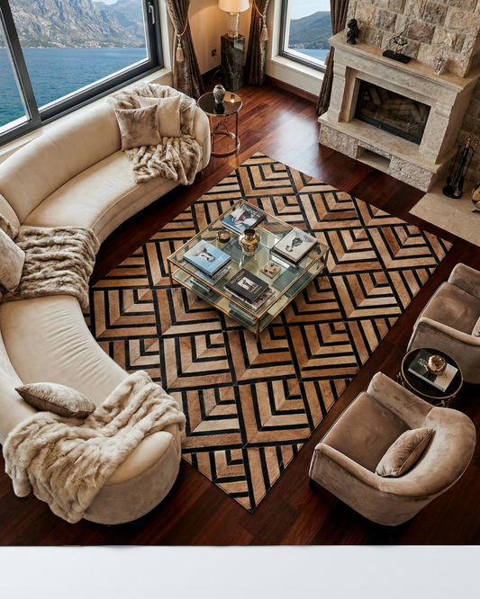 Large 10x12 handmade patchwork rug in black and brown cowhide in a modern living room with curved beige sofa and stone fireplace