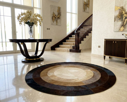 Brown and Cream Round Cowhide Rug, Round Rug for Kitchen, Natural Handmade Cow Skin Carpet, Housewarming Gift - WONDERFURRUG