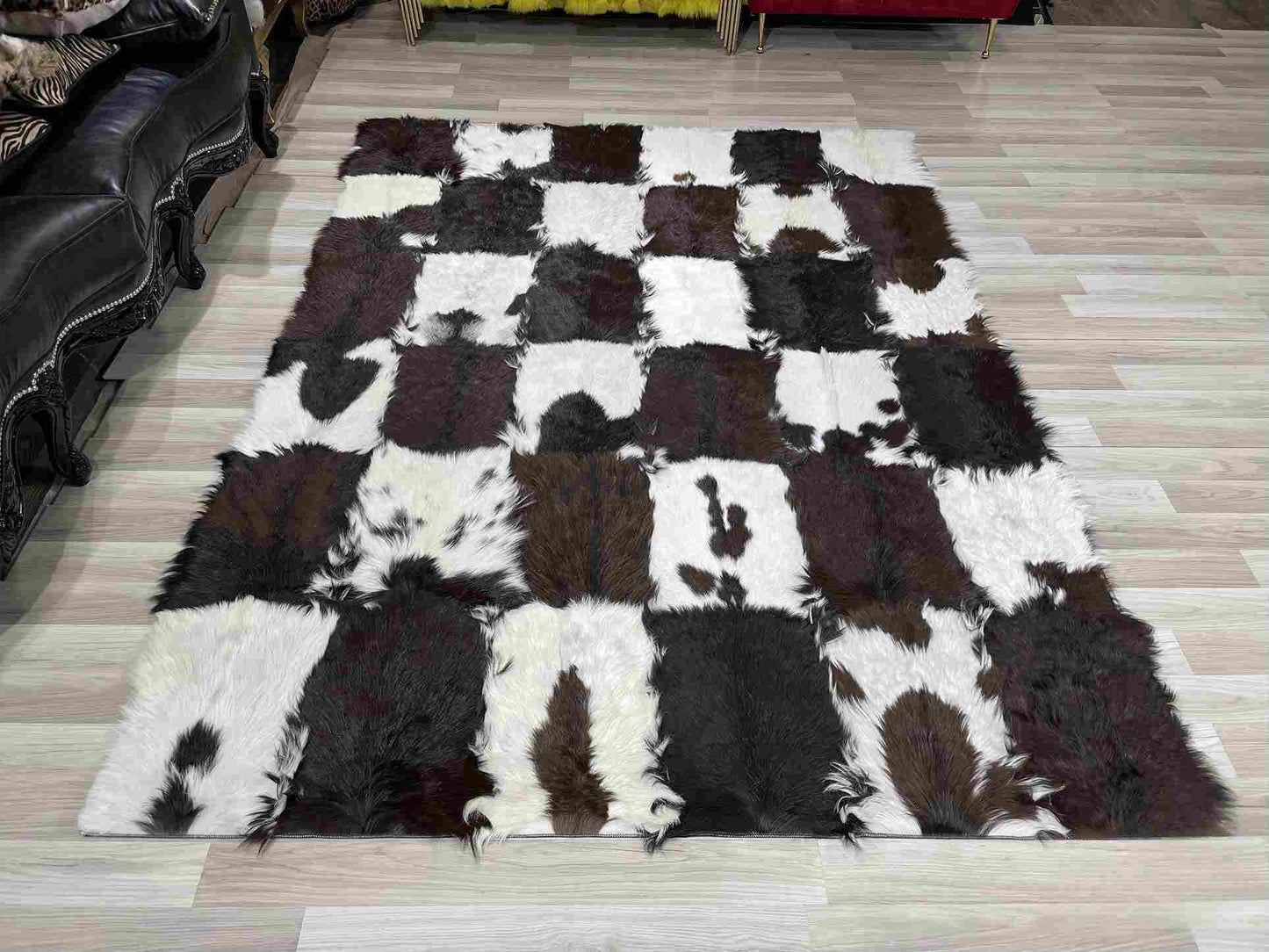 Brown and White Natural Goatskin Patchwork Rug for Living Room