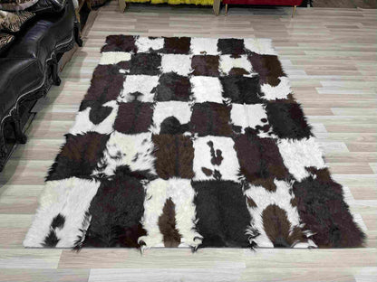 Brown and White Natural Goatskin Patchwork Rug for Living Room