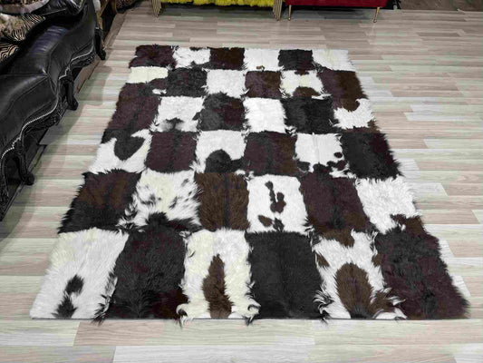 Brown and White Natural Goatskin Patchwork Rug for Living Room