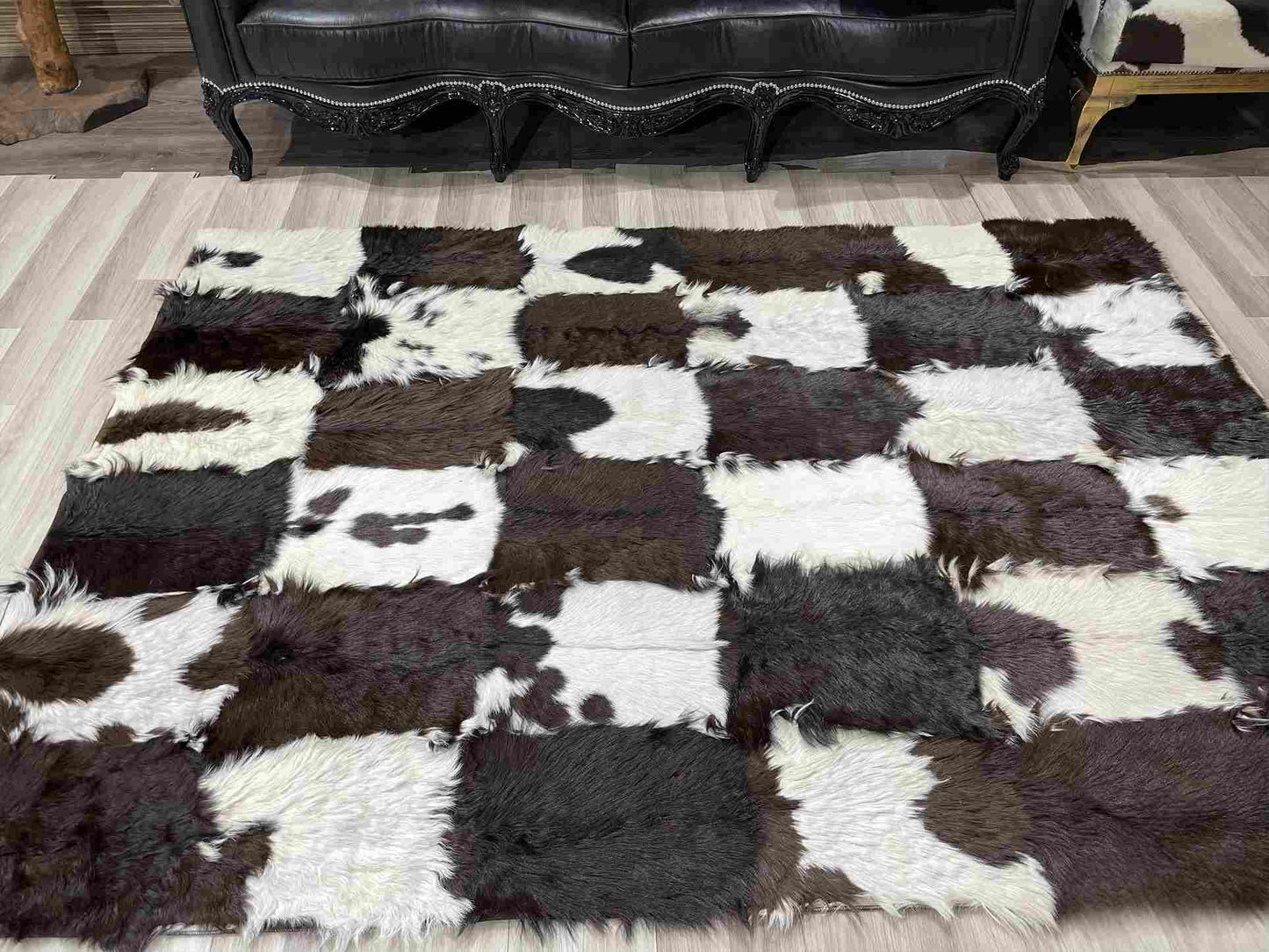 Brown and White Natural Goatskin Patchwork Rug for Living Room