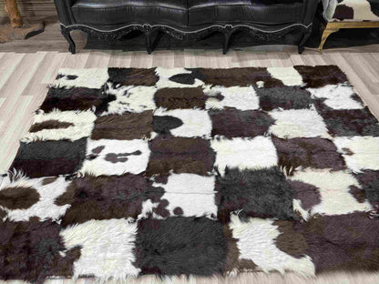 Brown and White Natural Goatskin Patchwork Rug for Living Room