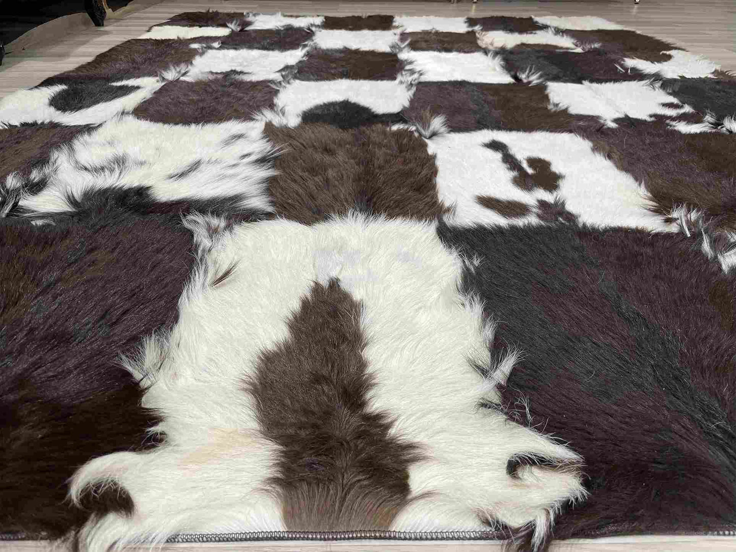 Brown and White Natural Goatskin Patchwork Rug for Living Room