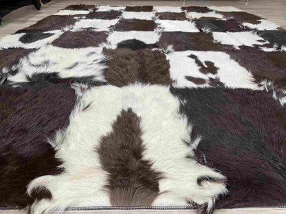 Brown and White Natural Goatskin Patchwork Rug for Living Room