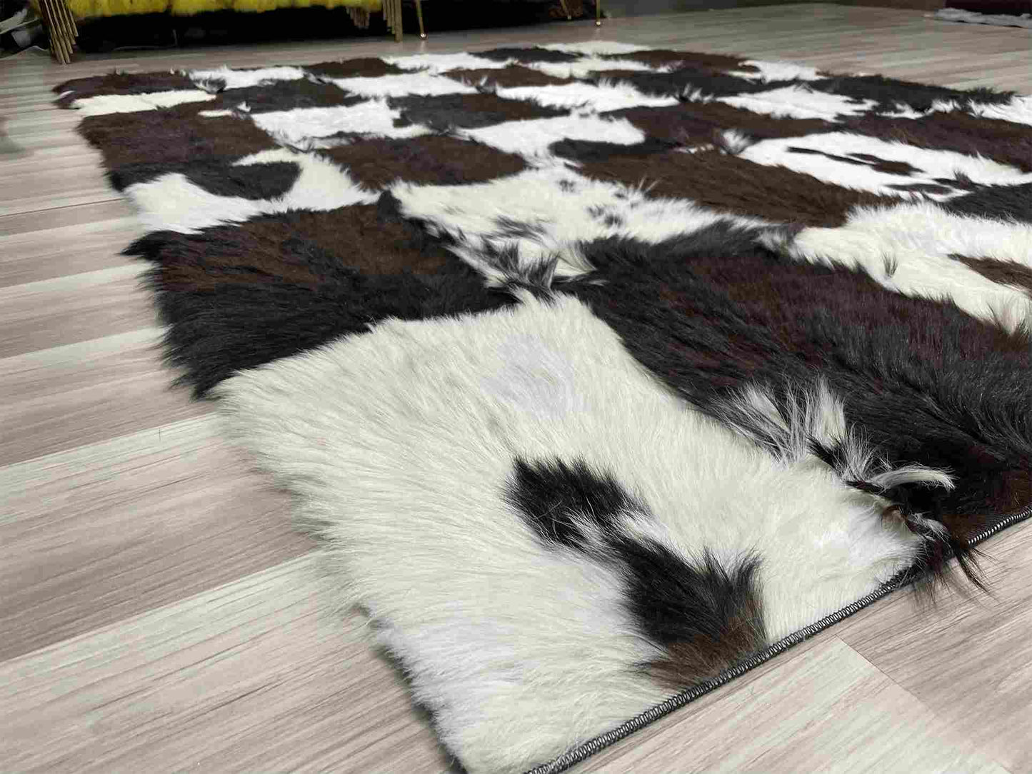 Brown and White Natural Goatskin Patchwork Rug for Living Room