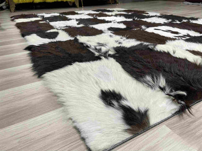Brown and White Natural Goatskin Patchwork Rug for Living Room