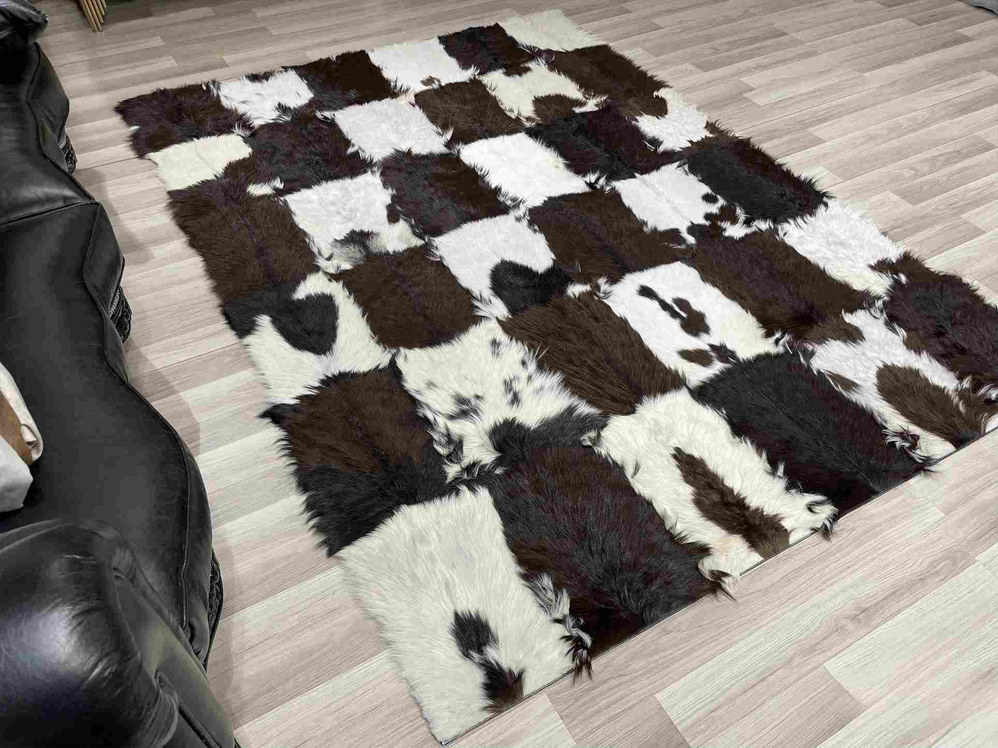 Brown and White Natural Goatskin Patchwork Rug for Living Room