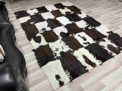 Brown and White Natural Goatskin Patchwork Rug for Living Room