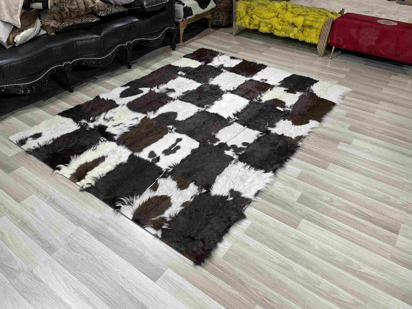 Brown and White Natural Goatskin Patchwork Rug for Living Room