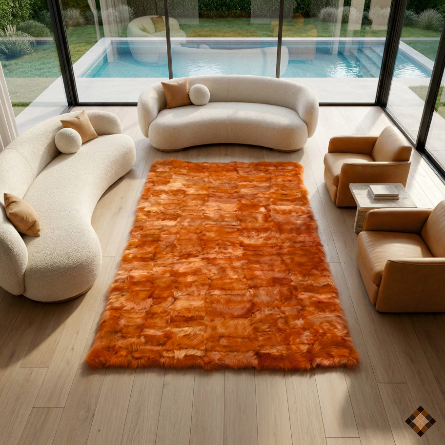 Burnt Orange Handmade Sheepskin Area Rug – Bold Modern Statement Piece