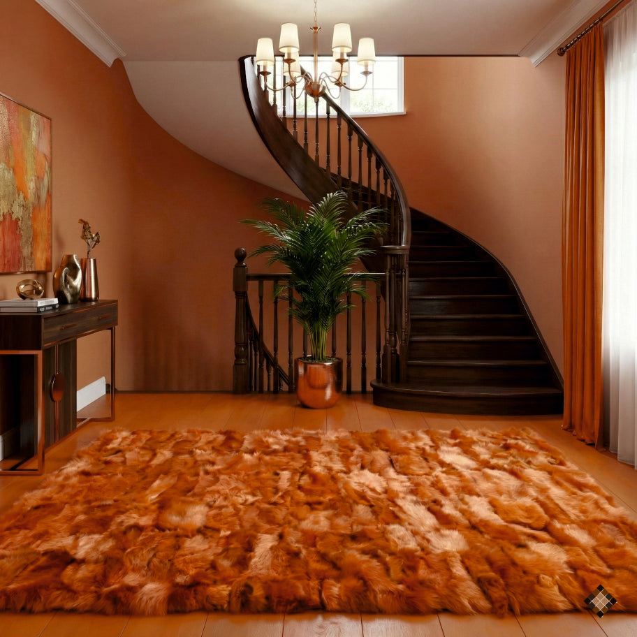 Burnt Orange Handmade Sheepskin Area Rug – Bold Modern Statement Piece