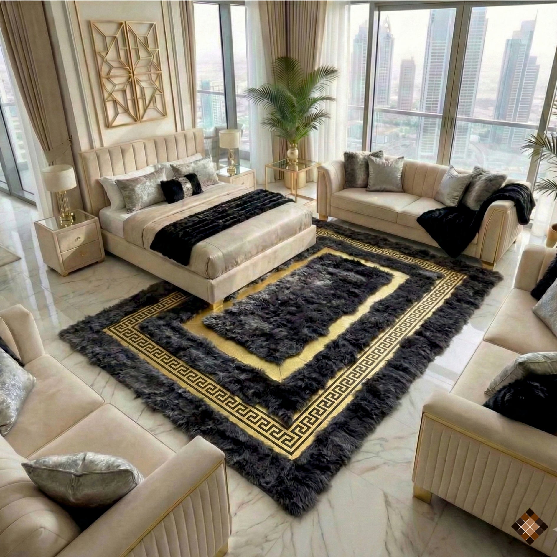Charcoal gray genuine sheepskin rug with elegant gold Greek key frame. Custom made in any size. Deep softness and bold luxury for refined interiors.