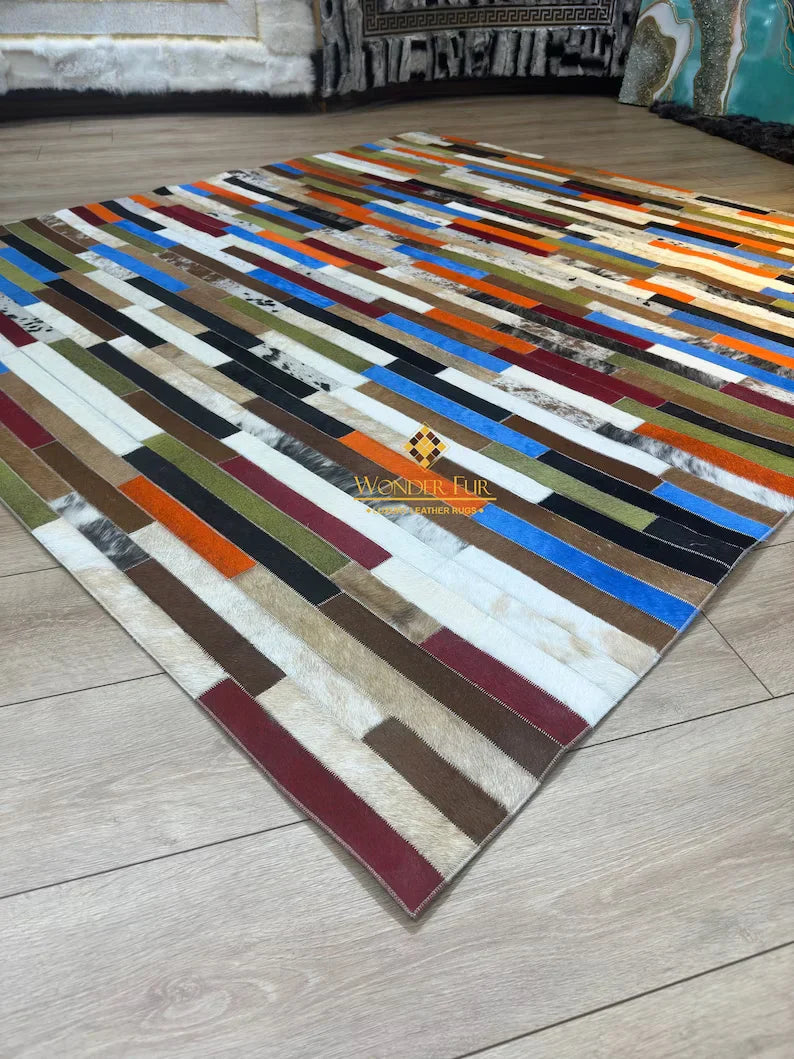 Colorful Natural Cowhide Patchwork Rug, Unique Multicolor Handmade Cow Skin Rug, Non Slip Rug