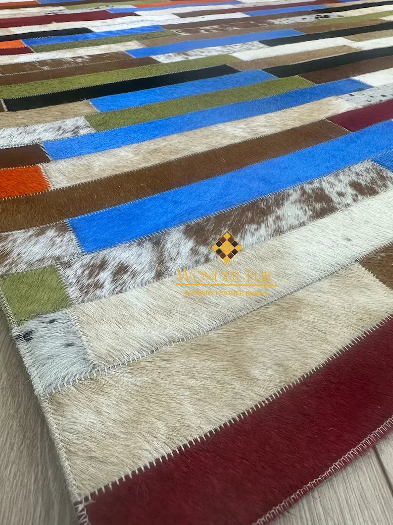 Colorful Natural Cowhide Patchwork Rug, Unique Multicolor Handmade Cow Skin Rug, Non Slip Rug