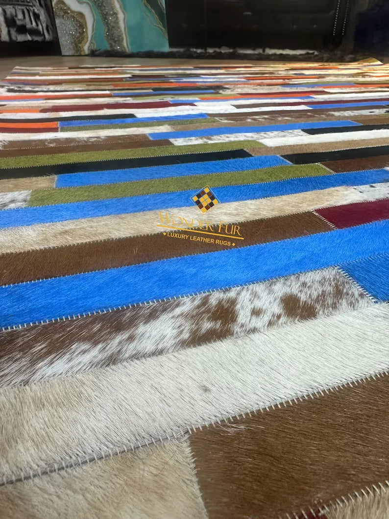 Colorful Natural Cowhide Patchwork Rug, Unique Multicolor Handmade Cow Skin Rug, Non Slip Rug