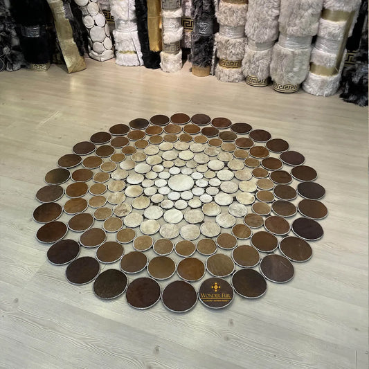 Cowhide Round Area Rug, Tricolor Cowhide Rug, Patchwork Rug Handmade Carpet