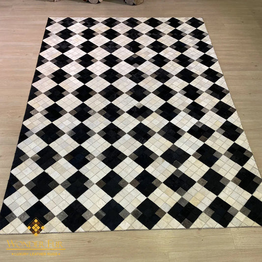 Cream and Black Pattern Natural Handmade Cowhide Patchwork Rug for Living Room