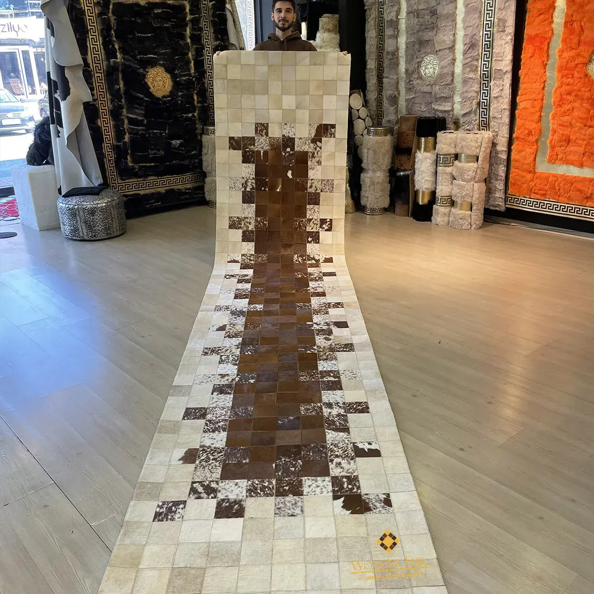 Cream and Brown Natural Cowhide Runner 3x10 Rug for Hallway Chritsmas Gift Carpet