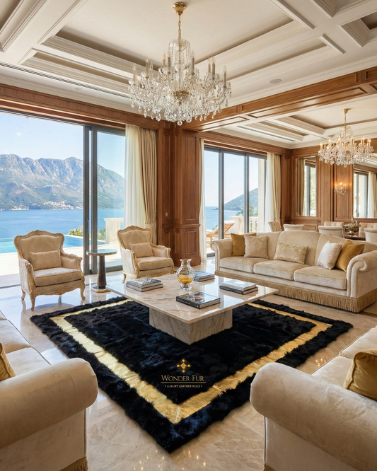 Customizable black and gold sheepskin rug in luxury living room with chandelier and elegant furniture