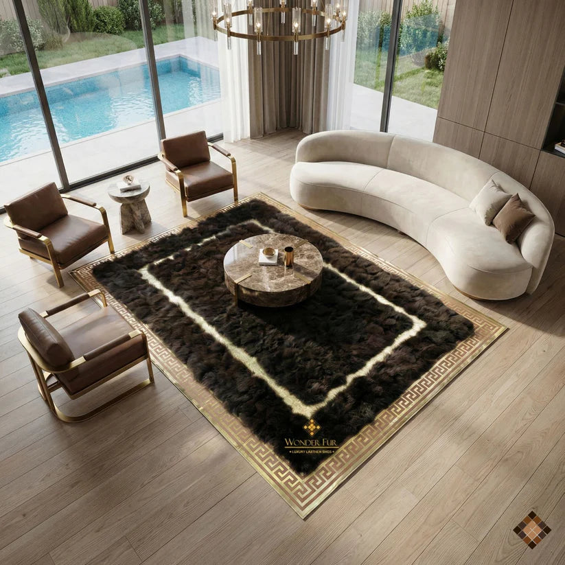 Dark Brown Genuine Fox Fur Area Rug with Gold Trim