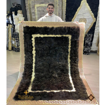 Dark Brown Genuine Fox Fur Area Rug with Gold Trim