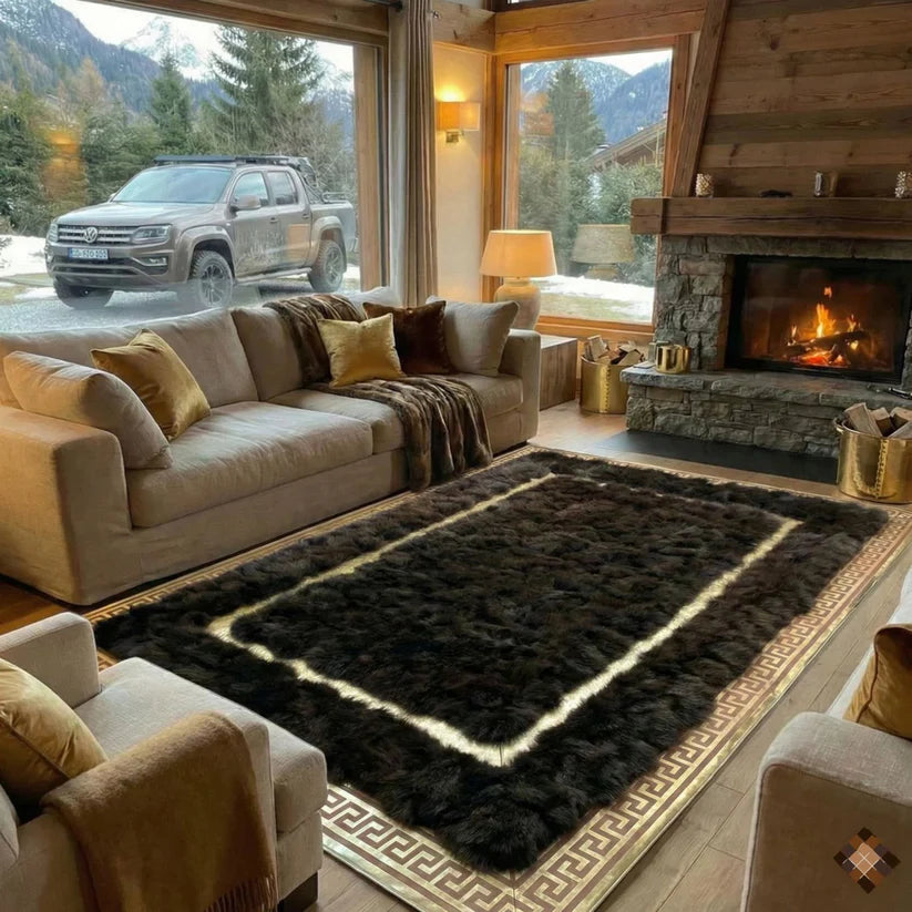 Dark Brown Genuine Fox Fur Area Rug with Gold Trim