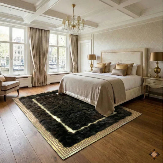 Dark brown genuine fox fur area rug with gold trim and luxury handmade design