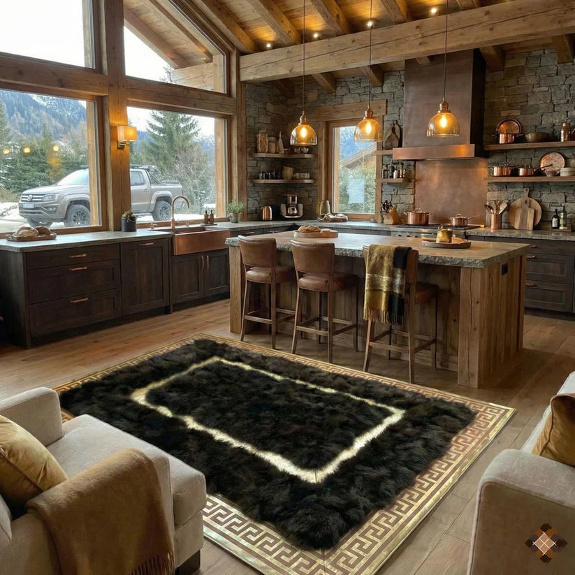 Dark Brown Genuine Fox Fur Area Rug with Gold Trim